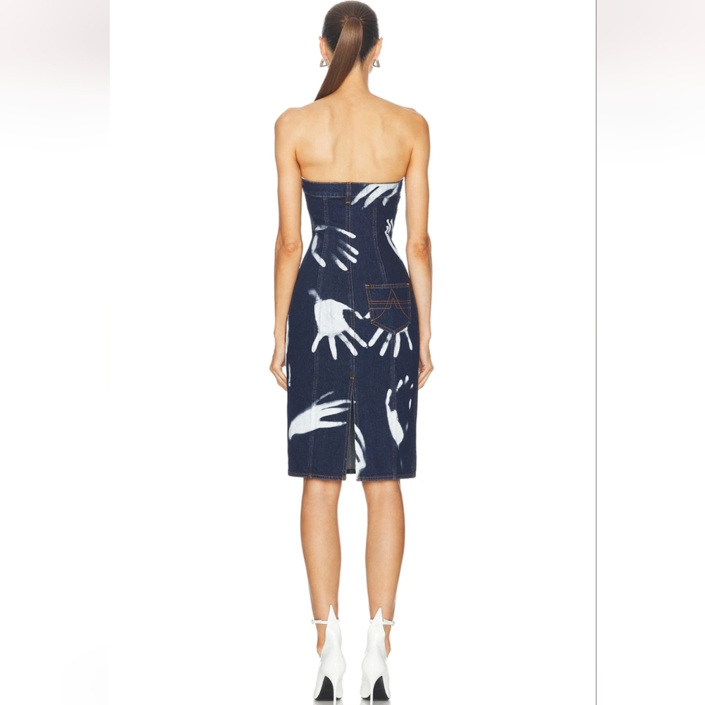 AREA Strapless Denim Dress -Hand Print Indigo Blue - Picture 8 of 10